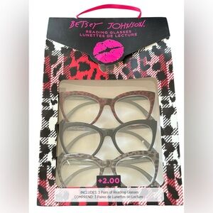 Betsey Johnson Set Of 3 Cat Eye Print Reading Glasses +200 Non Prescription NIP